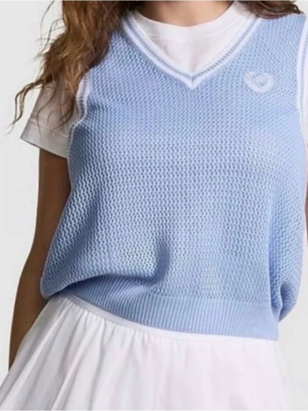 PINK Victoria's Secret Light Blue Mesh V-Neck Sweater Vest with White Trim
